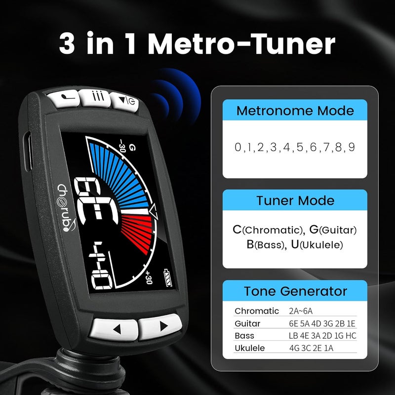 Cherub WMT-560 Guitar Tuner, Clip on Tuner Rechargeable 3 In 1 Digital Metronome Tuner Tone for Guitar, Bass, Ukulele, Violin - Image 2
